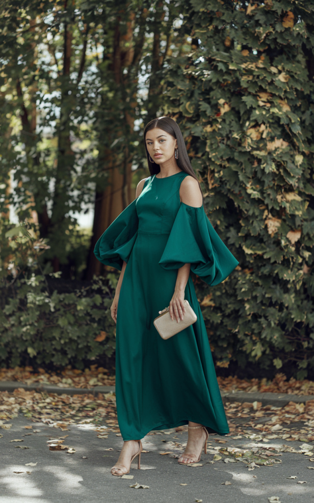 A natural-looking young beautiful woman wearing a forest green satin maxi dress with dramatic statement sleeves, elegant heels, a minimalist clutch bag, and sleek straight hair.