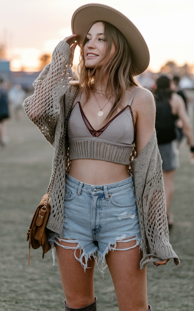 A natural-looking young beautiful woman wearing a bralette layered under a loose open-knit sweater with distressed denim cutoffs, mid-calf boots, a crossbody bag, and soft sunset lighting in a festival scene.