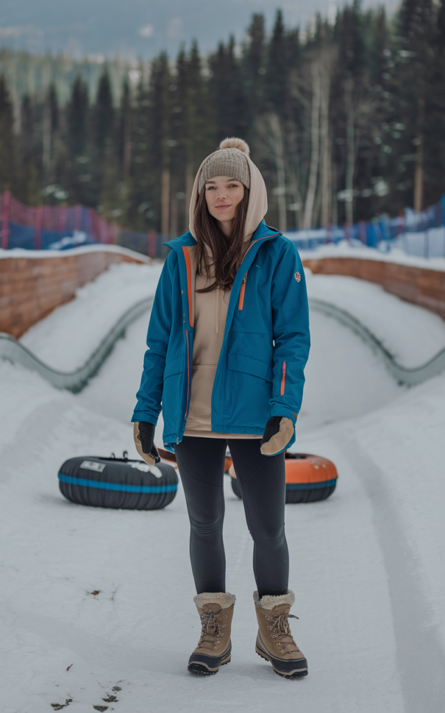 A natural-looking young beautiful woman wearing a fleece hoodie layered under a waterproof snow jacket with fleece leggings, insulated snow boots, and a cozy winter beanie on a snowy tubing hill.