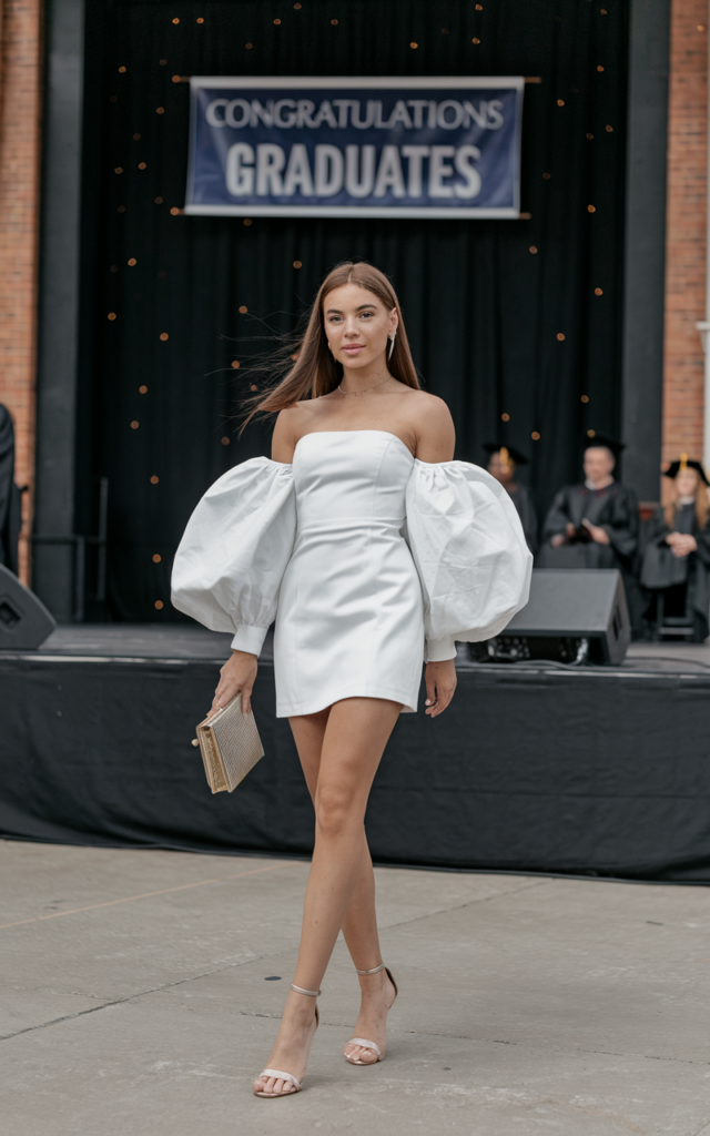 A natural-looking young beautiful woman wearing a white balloon-sleeve dress with voluminous sleeves, sleek heels, minimal jewelry, and a small clutch, styled with simple straight hair for a dramatic graduation outfit