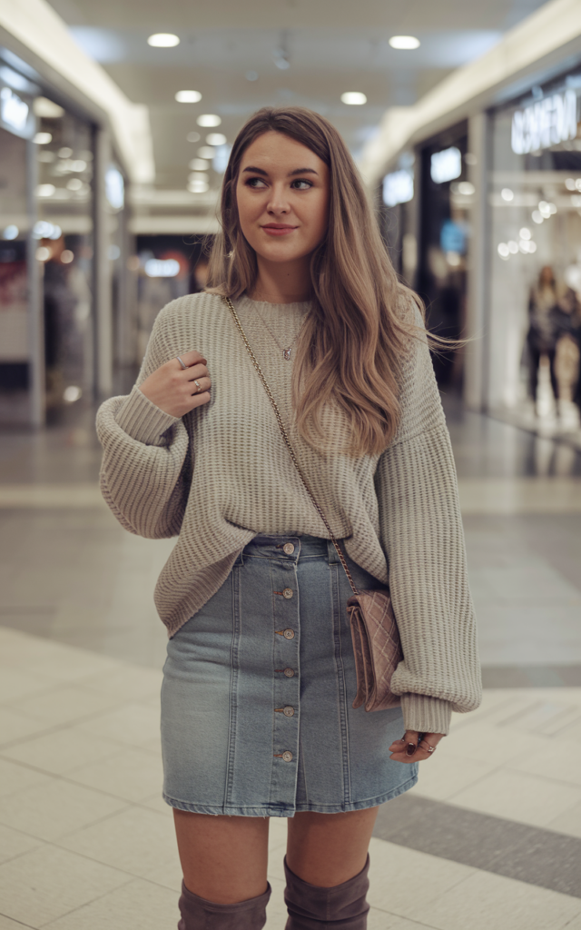 A natural-looking young beautiful woman wearing a denim button-front mini skirt, a slightly oversized sweater with a front tuck, knee-high boots, delicate jewelry, and a crossbody bag for a cozy feminine mall outfit