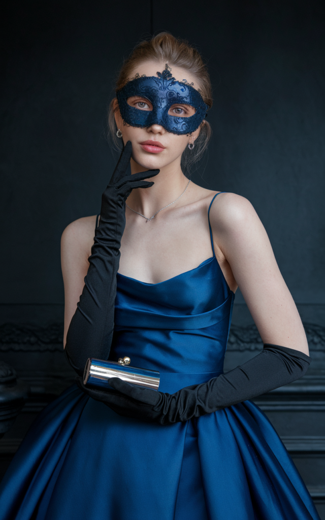 A natural-looking young beautiful woman wearing a sapphire satin gown with contrasting black opera gloves, a coordinating masquerade mask, a sleek clutch, and subtle jewelry.