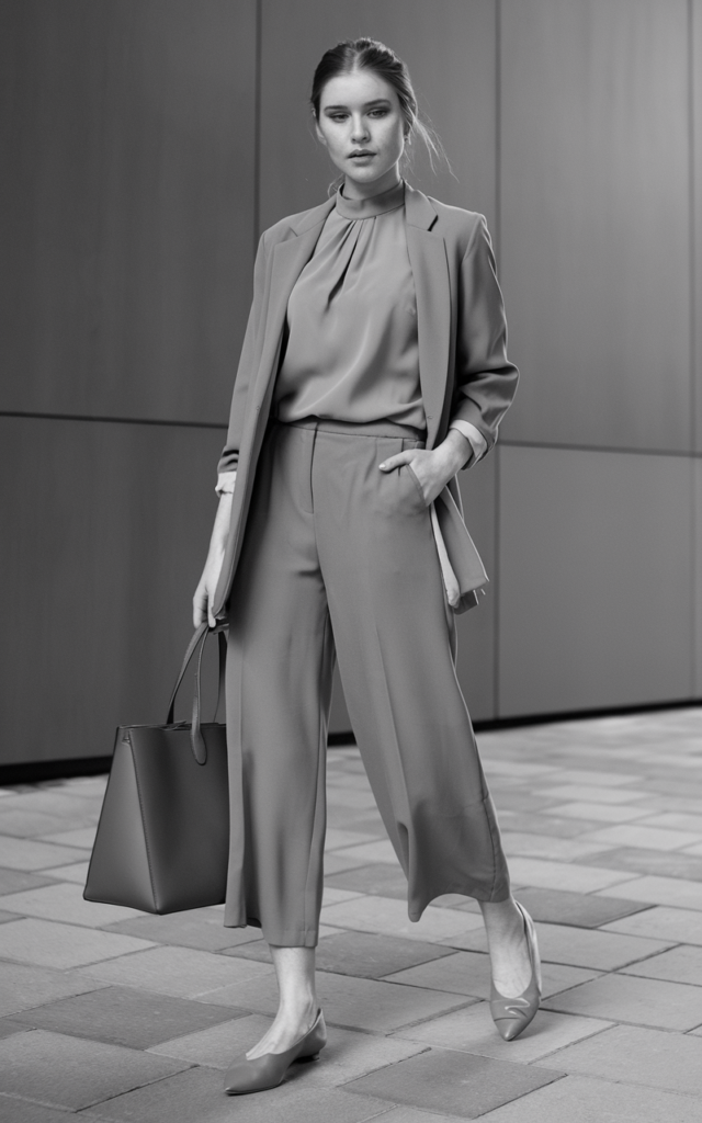 A natural-looking young beautiful woman wearing culotte pants paired with a fitted blouse and a soft blazer, pointed flats, and carrying a structured tote bag for a chic career fair outfit.