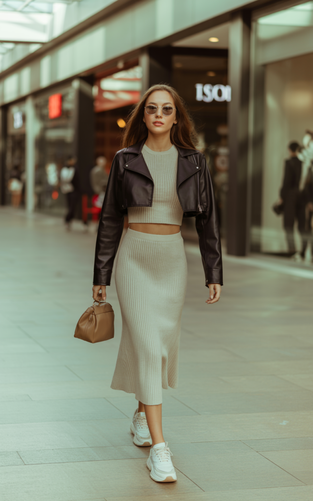 A natural-looking young beautiful woman wearing a matching knit two-piece set with a midi skirt and fitted top, a cropped leather jacket, chunky sneakers, black sunglasses, and a structured mini bag for a chic street-style mall outfit