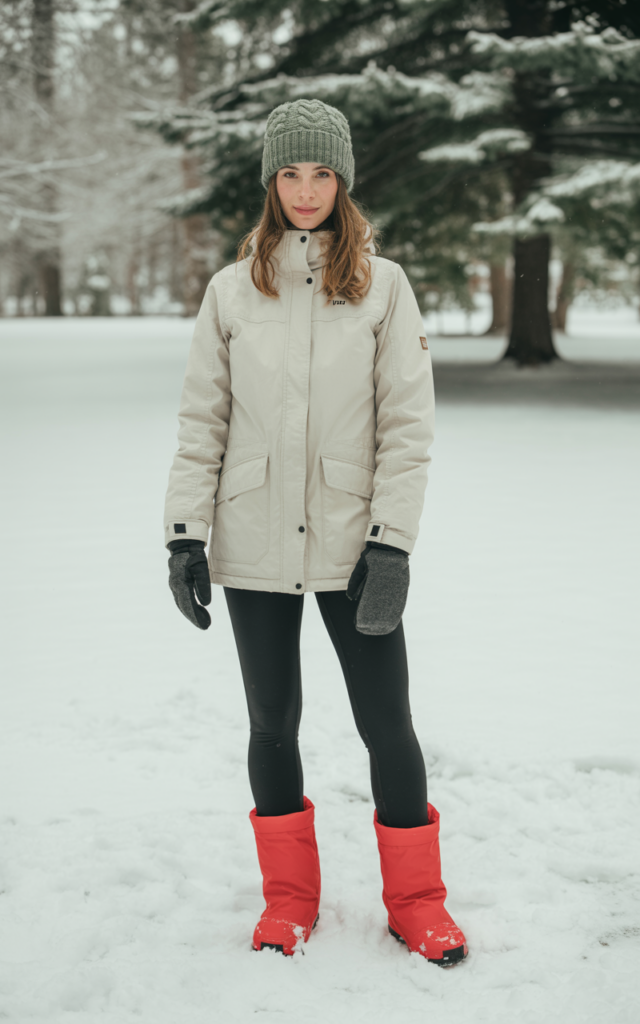 A natural-looking young beautiful woman wearing a neutral winter parka with black snow leggings and bold statement snow boots in bright red, along with warm gloves and a knit hat in a snowy park.