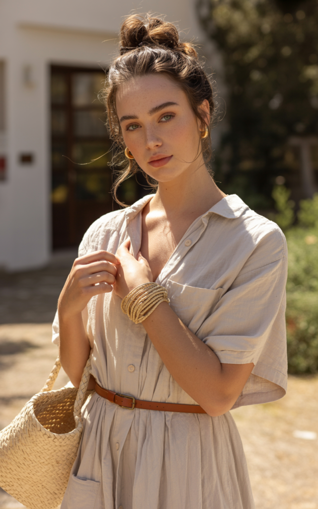 A natural-looking young beautiful woman wearing a linen shirt dress in a neutral tone cinched with a slim belt, woven accessories, espadrilles, and a messy bun hairstyle.