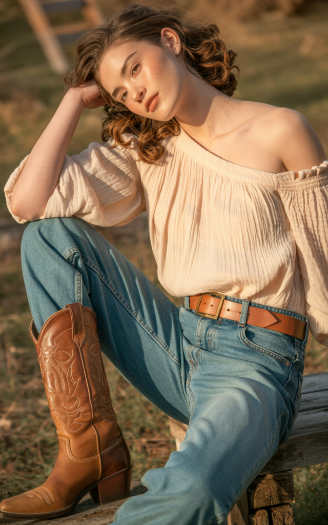 A natural-looking young beautiful woman wearing a romantic off-shoulder blouse tucked into classic bootcut jeans, a medium-width leather belt, tall cowboy boots, and soft curls.