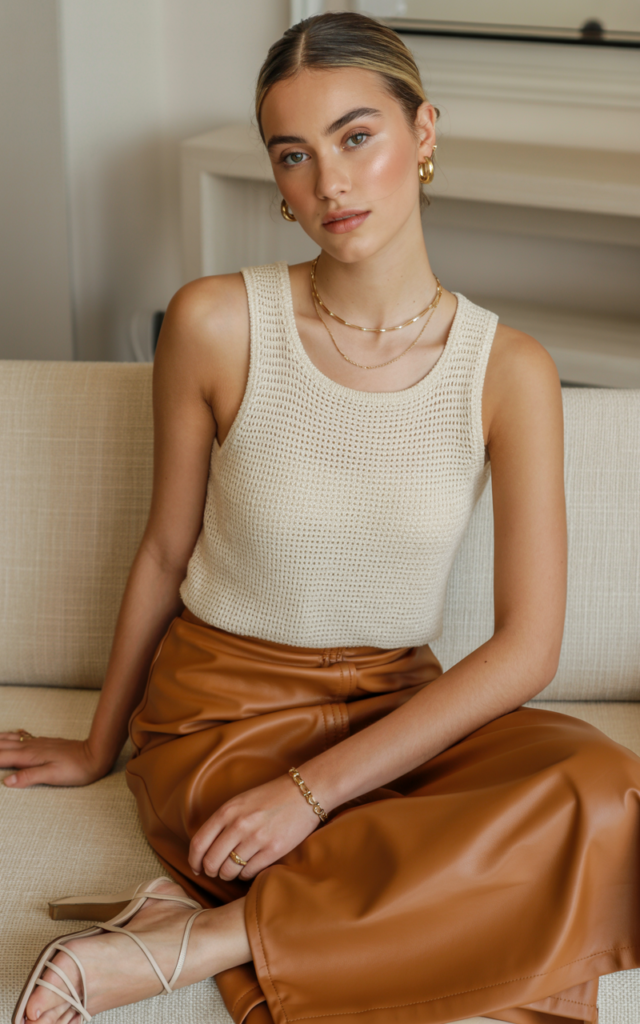 A natural-looking young beautiful woman wearing a lightweight crochet tank tucked into a rich-toned leather midi skirt, strappy heels, sleek gold jewelry, and hair pulled back.