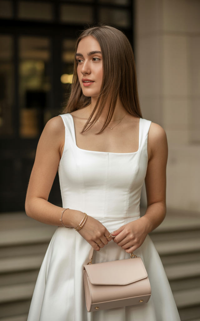 A natural-looking young beautiful woman wearing a white square-neck dress with a fitted bodice, minimalist heels, delicate bracelets, and a small structured handbag, styled with sleek straight hair for a modern graduation style