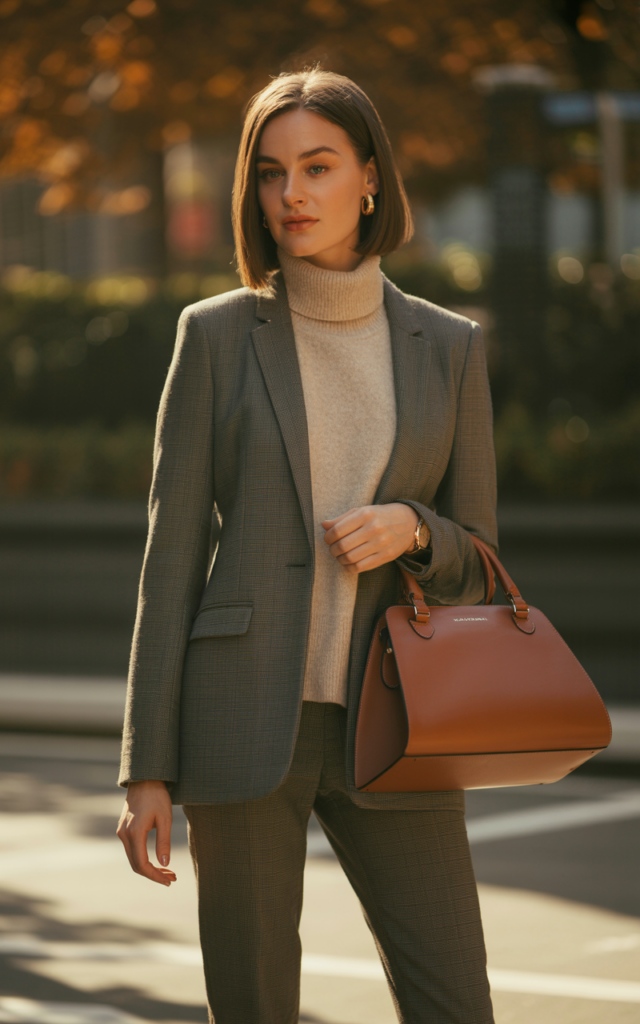 A natural-looking young beautiful woman wearing a thin turtleneck layered under a tailored suit with ankle boots, sleek hairstyle, and a structured handbag for a stylish fall career fair outfit.