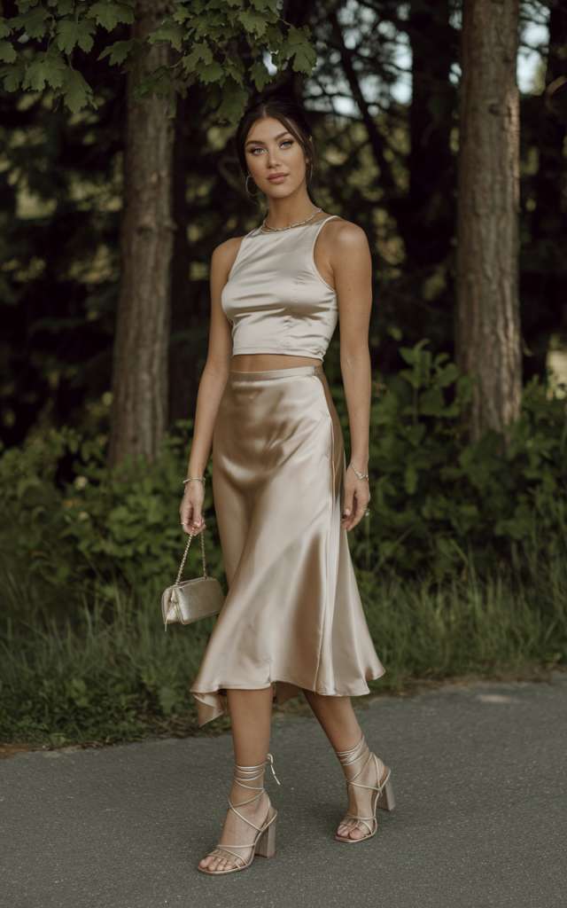 A natural-looking young beautiful woman wearing a champagne satin midi skirt, a fitted cropped tank top, strappy heels, delicate jewelry, and a mini handbag.