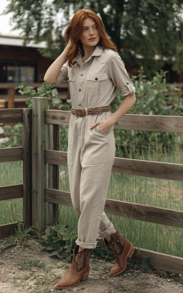 A natural-looking young beautiful woman wearing a neutral utility jumpsuit cinched with a Western belt, rolled sleeves, and ankle cowboy boots.