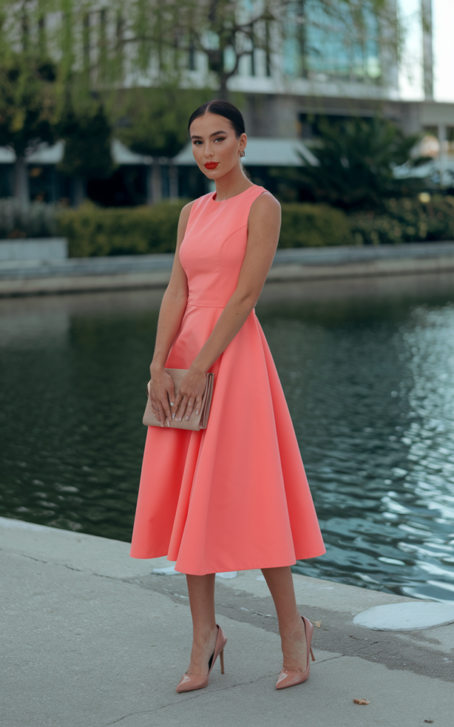 A natural-looking young beautiful woman wearing a bright coral spring dress with nude heels, a beige clutch, minimal jewelry, a sleek ponytail, and glossy lips.