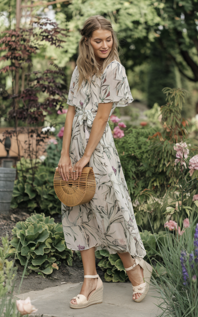A natural-looking young beautiful woman wearing a botanical print chiffon dress with espadrille wedges, a woven clutch bag, soft natural makeup, and relaxed hair for a garden-inspired spring wedding guest outfit
