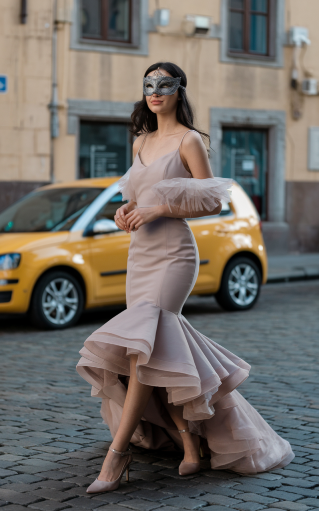 A natural-looking young beautiful woman wearing a fitted mermaid gown layered with a dramatic detachable tulle overskirt, a refined masquerade mask, and elegant heels.