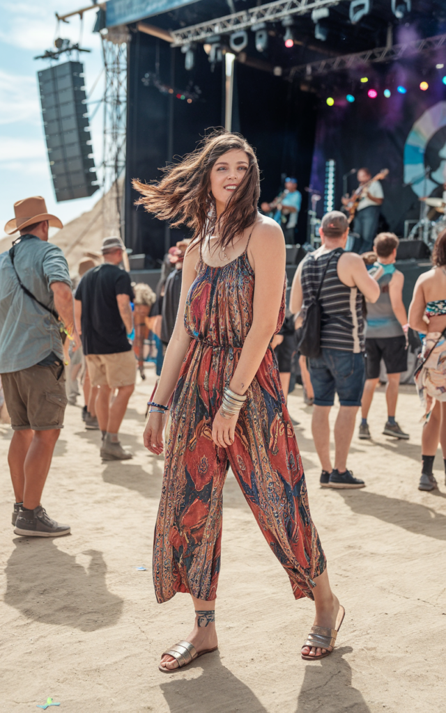 A natural-looking young beautiful woman wearing a bold printed relaxed-fit jumpsuit cinched at the waist, flat sandals, stacked metallic bangles, and carefree textured hair at a lively desert music festival.