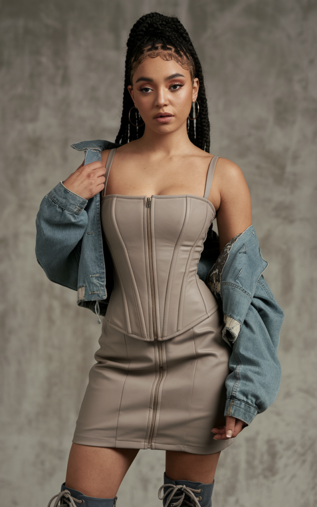 A natural-looking young beautiful woman wearing a structured corset-style dress with chunky lace-up boots, a cropped jacket, high ponytail, and bold yet polished makeup, styled for a Lauren Spencer Smith concert.