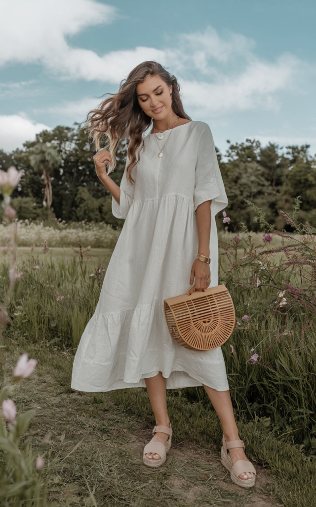 A natural-looking young beautiful woman wearing a breezy white linen dress with a relaxed silhouette, espadrille sandals, delicate jewelry, and a woven handbag, styled with natural beachy waves for a summer graduation outfit