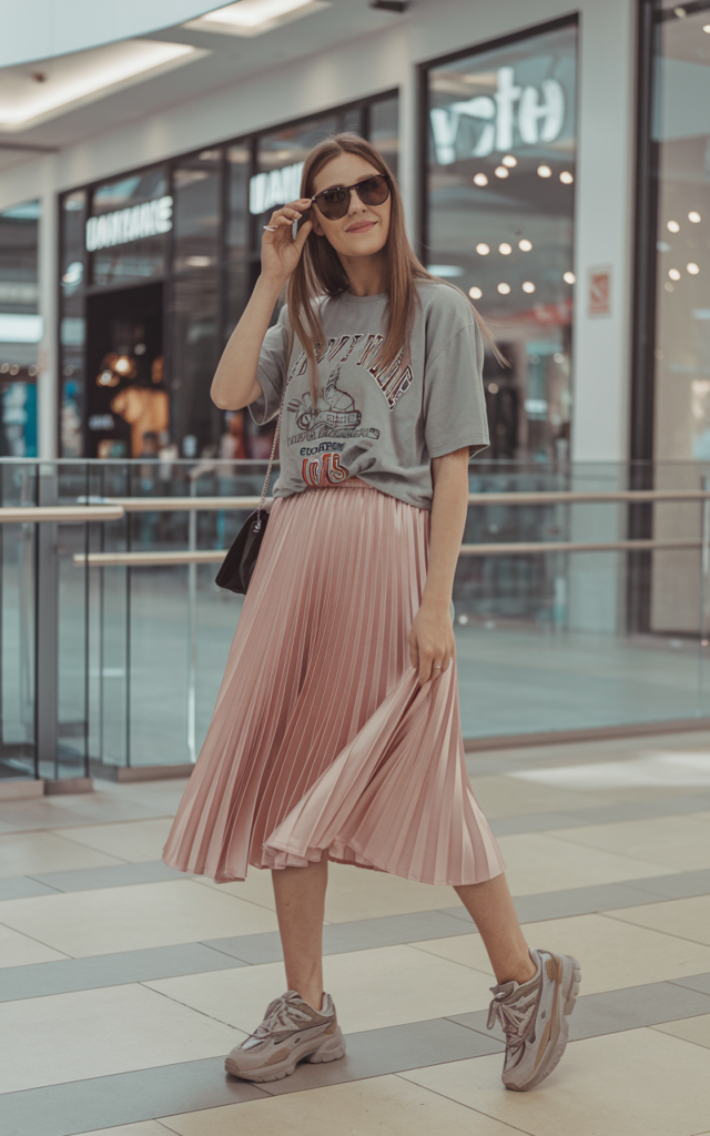 A natural-looking young beautiful woman wearing a pleated midi skirt, a relaxed graphic tee tucked slightly into the waistband, chunky sneakers, oversized sunglasses, and a mini shoulder bag for a playful casual mall outfit