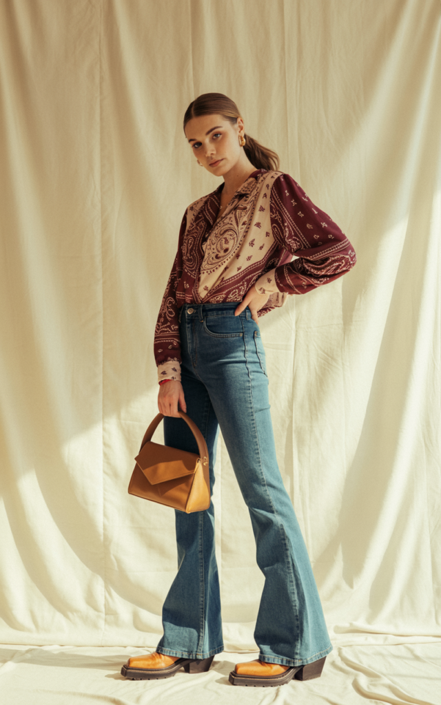 A natural-looking young beautiful woman wearing a bandana-print blouse tucked into high-rise flared denim jeans with platform cowboy boots, a structured mini bag, and a sleek low ponytail.