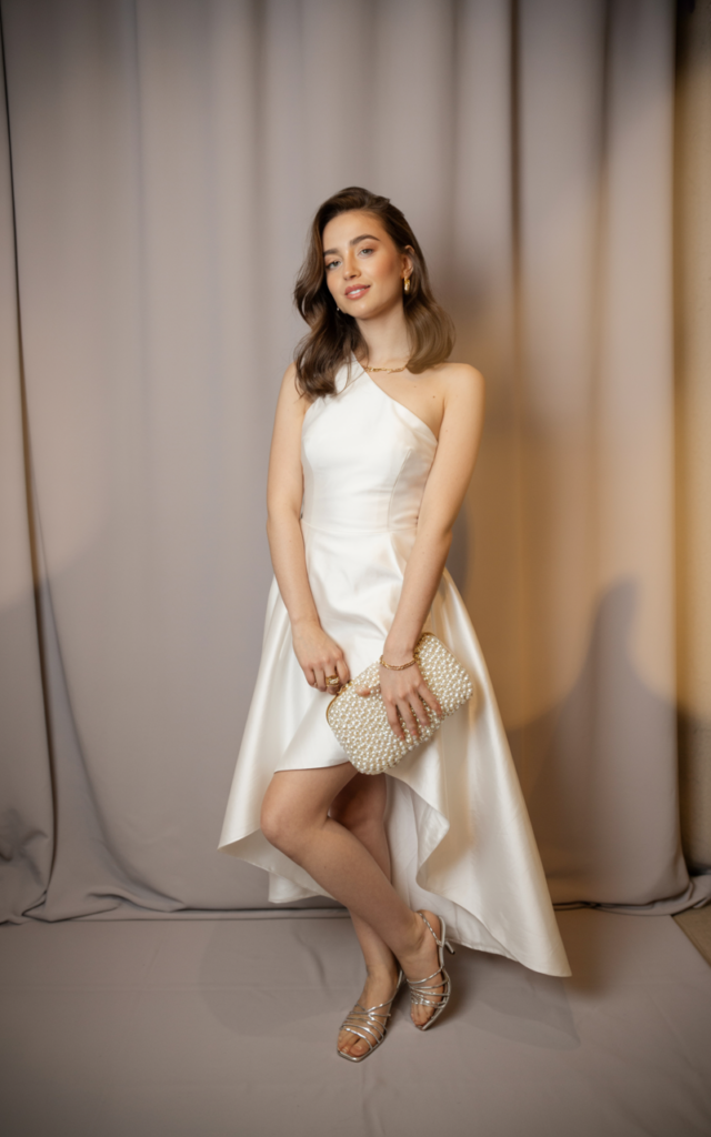 A natural-looking young beautiful woman wearing a white asymmetrical hem dress with one side longer than the other, strappy heels, a pearl clutch, and subtle gold jewelry, styled with loose waves for a fashion-forward graduation look