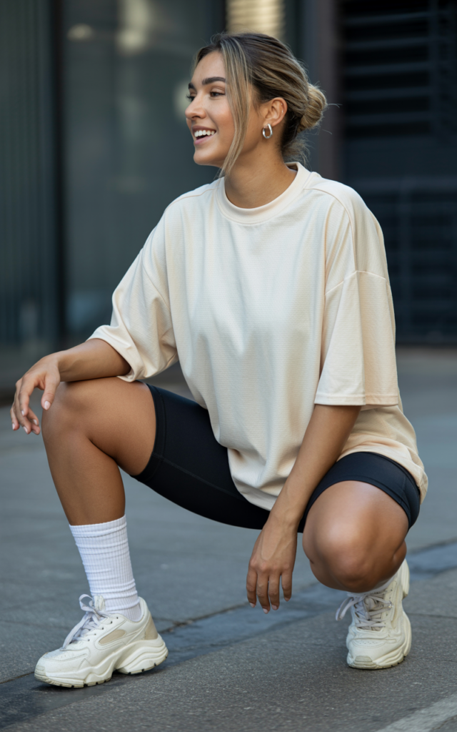 A natural-looking young beautiful woman wearing an oversized sports jersey, black biker shorts, chunky sneakers with tall socks, and a slick bun hairstyle.