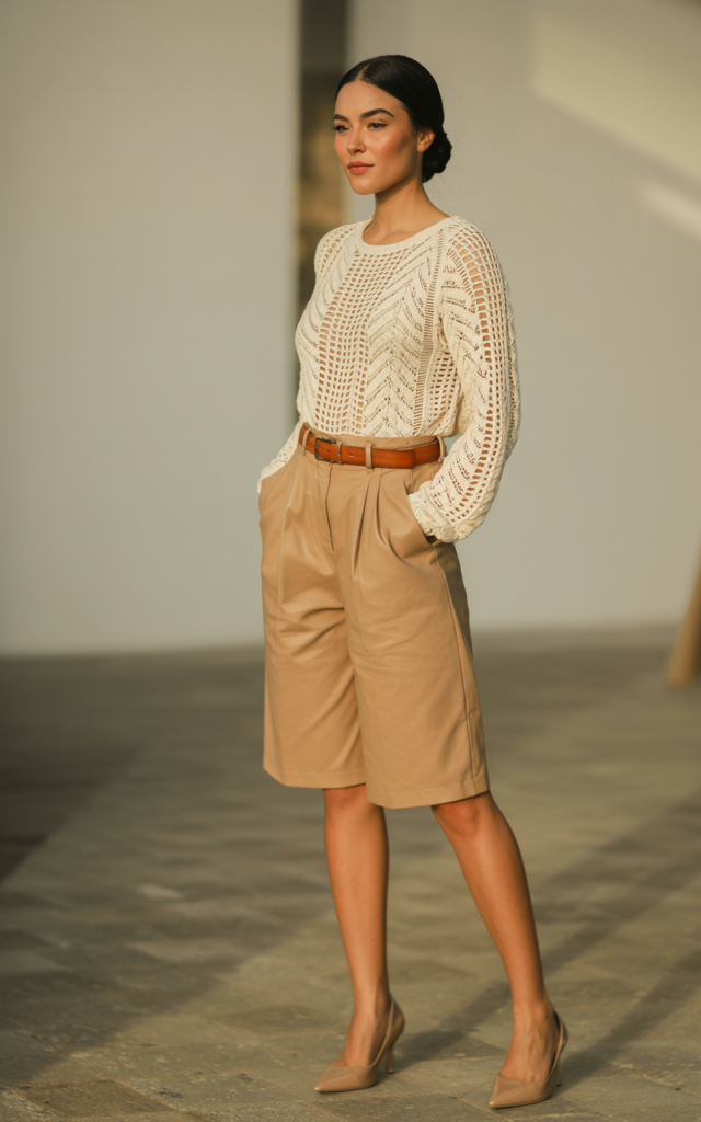 A natural-looking young beautiful woman wearing a long-sleeve crochet top tucked into tailored bermuda shorts, kitten heels, a leather belt, and styled with a sleek low bun.