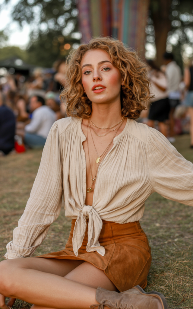 A natural-looking young beautiful woman wearing a breathable tie-front blouse paired with a high-waisted suede mini skirt, ankle boots, layered necklaces, soft curls, and peachy glowing makeup at a boho festival.