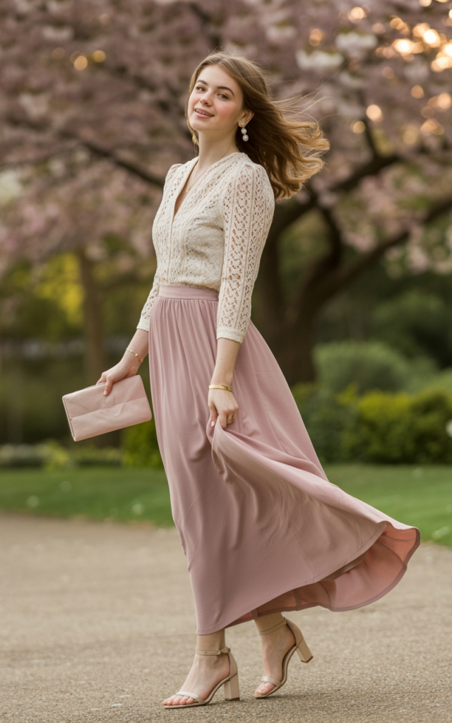 A natural-looking young beautiful woman wearing a fitted lace blouse tucked into a high-waisted flowing maxi skirt with heeled sandals, a small clutch bag, and delicate jewelry for a romantic spring wedding guest look