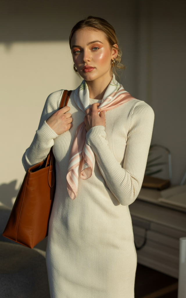 A natural-looking young beautiful woman wearing a ribbed knit midi dress with a lightweight silk scarf draped around her neck, ankle boots, a structured tote bag, and natural makeup.