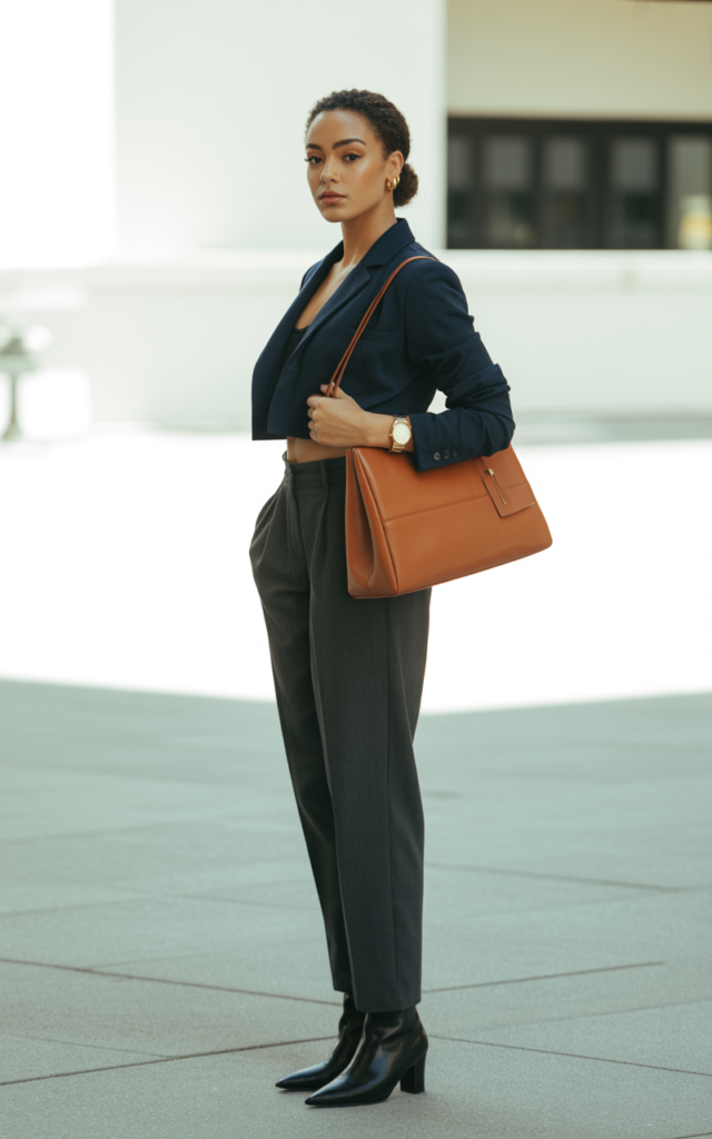A natural-looking young beautiful woman wearing a cropped blazer with high-waisted tailored pants, ankle boots, minimal jewelry, and a structured handbag for a modern confident career fair outfit.