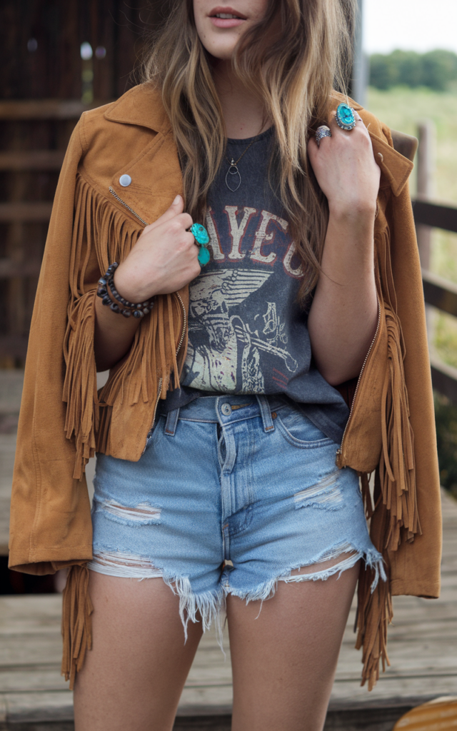 A natural-looking young beautiful woman wearing high-rise denim shorts paired with a vintage graphic tank layered with a suede fringe jacket, cowboy boots, turquoise rings, and loose textured hair for a summer country concert outfit
