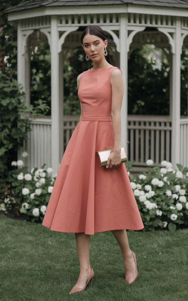 A natural-looking young beautiful woman wearing a structured coral midi dress with tailored seams, pointed-toe heels, a sleek clutch bag, and statement earrings for a modern formal spring wedding guest outfit