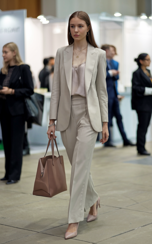 A natural-looking young beautiful woman wearing a neutral tailored suit with a silk camisole underneath, pointed pumps, delicate jewelry, and a sleek structured tote bag for an elegant career fair style.