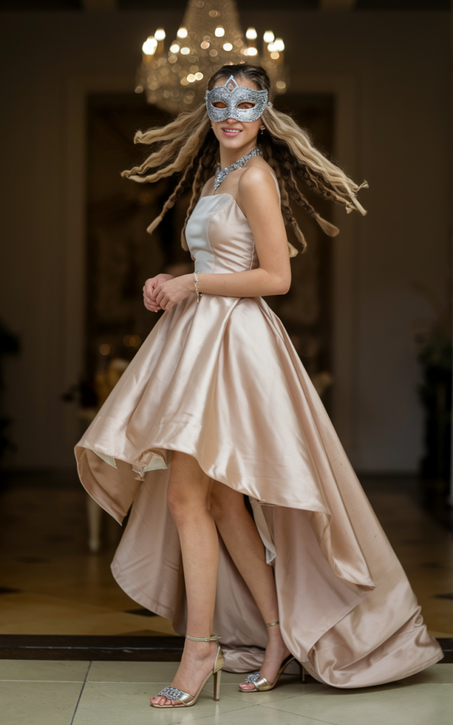 A natural-looking young beautiful woman wearing a satin high-low hemline gown, an elegant masquerade mask, embellished metallic heels, and flowing styled hair.
