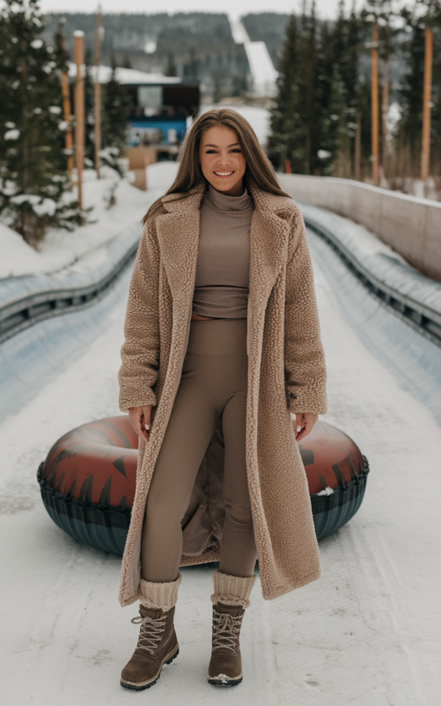 A natural-looking young beautiful woman wearing a long beige teddy coat layered over a thermal top and fleece leggings with lace-up snow boots and thick knit socks on a snowy tubing hill.