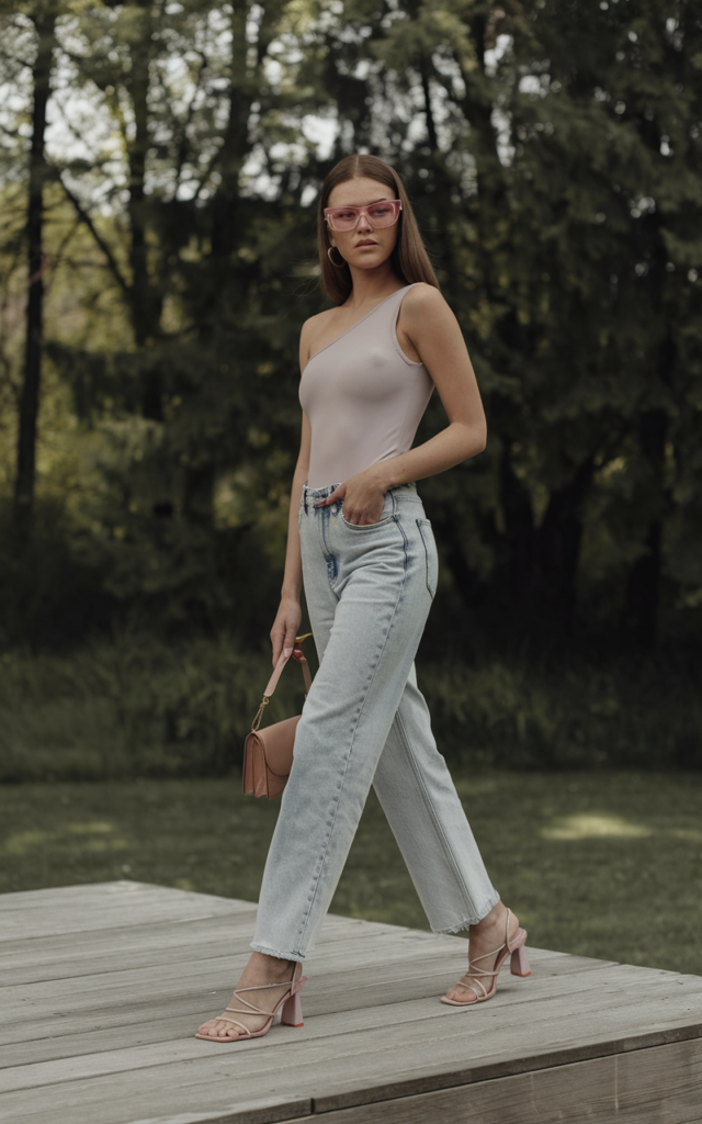 A natural-looking young beautiful woman wearing a one-shoulder bodysuit, relaxed straight-leg light-wash jeans, strappy heels, a mini shoulder bag, and sleek hair.