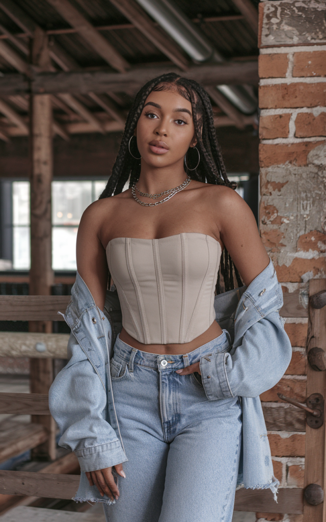 A natural-looking young beautiful woman wearing a structured corset-style top with relaxed boyfriend jeans, pointed cowboy boots, hoop earrings, and a simple chain necklace.