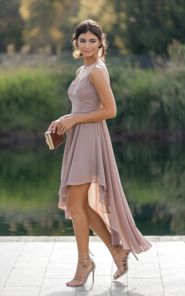 A natural-looking young beautiful woman wearing a chiffon high-low hem dress with strappy stilettos, a sleek clutch, bronzed glowing makeup, and softly curled hair.