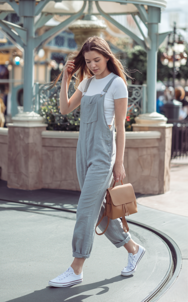 A natural-looking young beautiful woman wearing breathable linen overalls layered over a fitted tee, comfortable sneakers, rolled hems, and a structured mini backpack in a sunny Disney park setting.