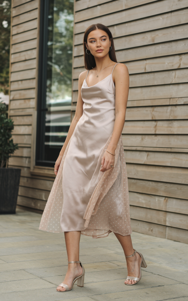 A natural-looking young beautiful woman wearing a satin slip dress layered with a sheer chiffon overlay dress, minimalist heels, delicate jewelry, and sleek straight hair.