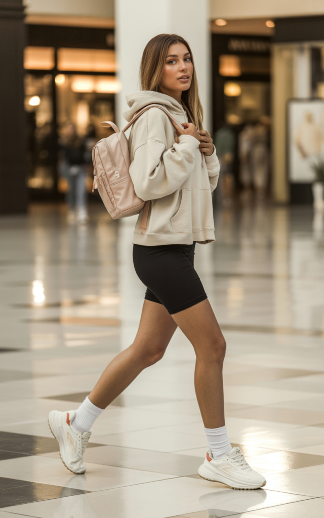 A natural-looking young beautiful woman wearing fitted biker shorts, an oversized neutral hoodie, high crew socks, chunky sneakers, and a mini backpack for a sporty street-style mall outfit
