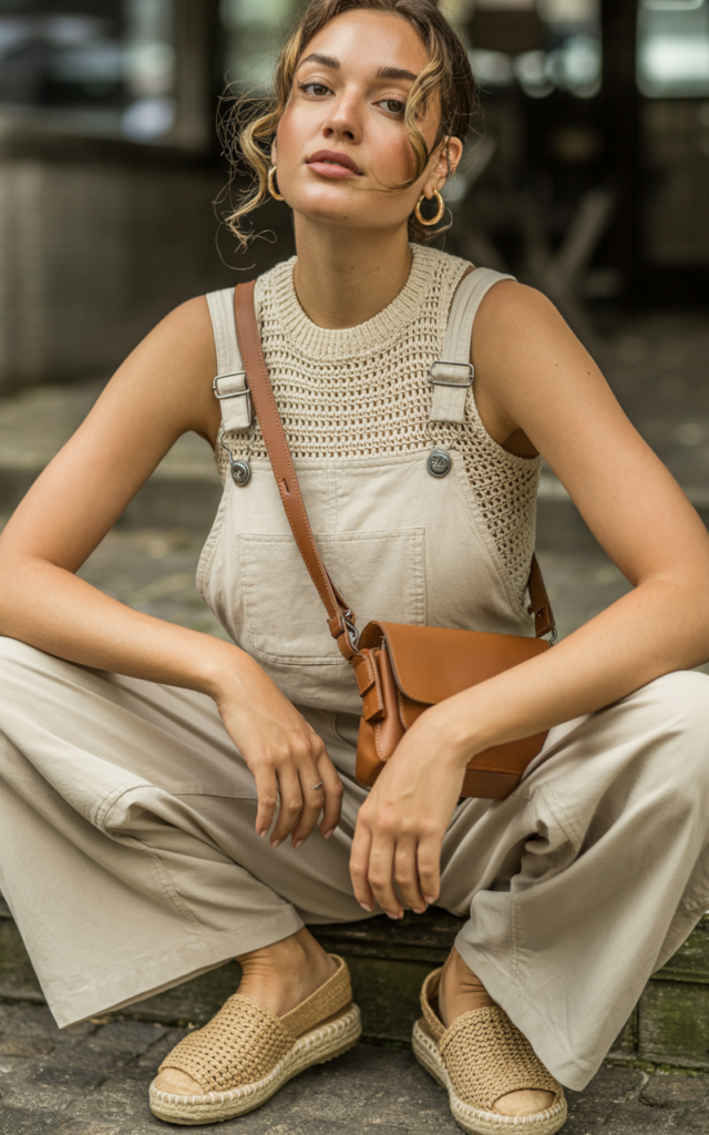 A natural-looking young beautiful woman wearing a slim crochet tank layered under neutral linen overalls, espadrilles, a crossbody bag, and small hoop earrings.