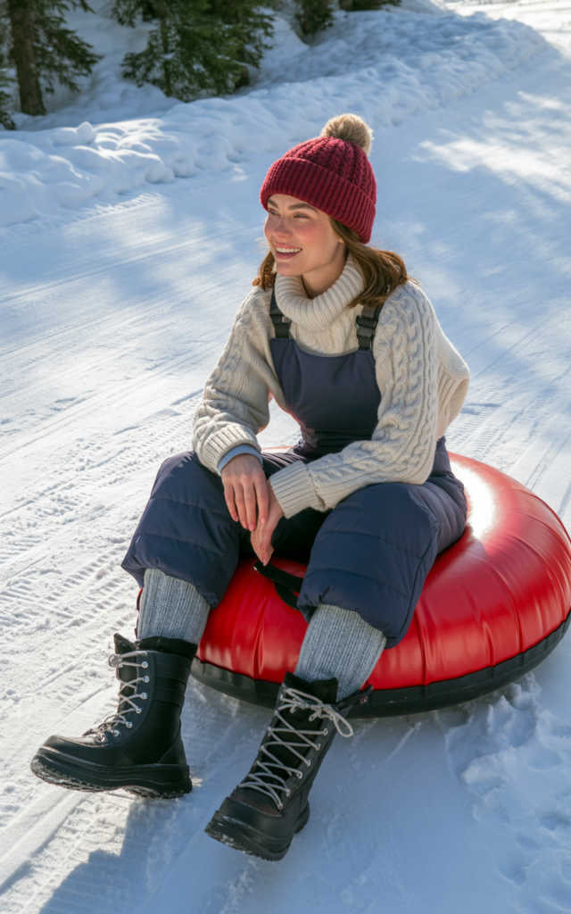 A natural-looking young beautiful woman wearing insulated ski bib pants layered over a chunky wool sweater with thermal socks, waterproof snow boots, and a knit beanie sitting on a snow tube.