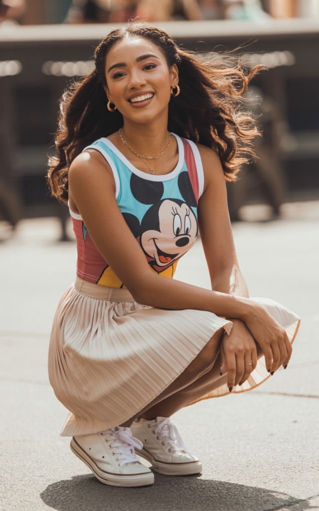 A natural-looking young beautiful woman wearing a pleated skirt with a fitted Disney tank tucked in, low sneakers, soft romantic waves, and delicate jewelry for a polished yet playful Disney outfit.
