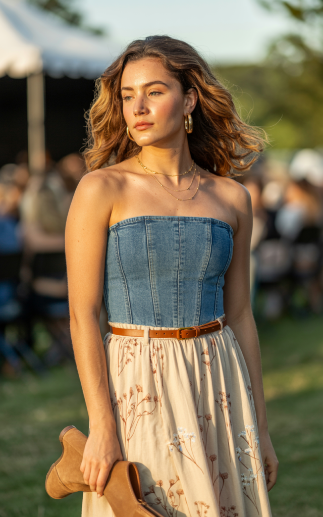 A natural-looking young beautiful woman wearing a structured denim corset top paired with a flowing floral midi skirt, suede ankle boots, a slim leather belt, and layered gold jewelry with soft natural waves for a summer country concert outfit
