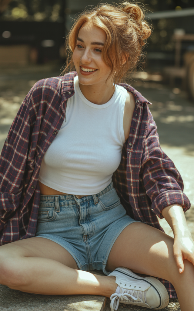 A natural-looking young beautiful woman wearing high-waisted denim shorts, a fitted crop top, an oversized open flannel shirt, chunky sneakers, and a casual messy bun.
