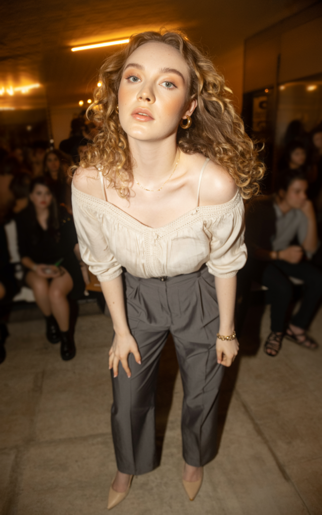 A natural-looking young beautiful woman wearing a romantic off-shoulder blouse paired with structured straight-leg trousers, delicate heels, subtle highlighter, soft curls, and minimal jewelry, styled for a Lauren Spencer Smith concert.