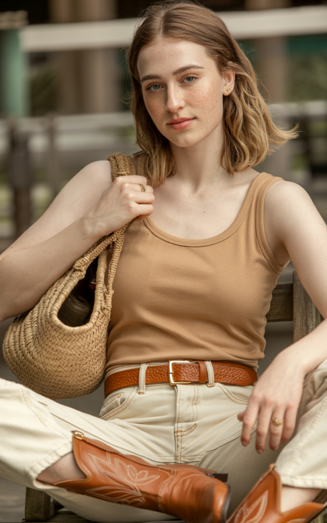 A natural-looking young beautiful woman wearing a monochrome tan outfit with a camel tank top, beige jeans, cognac cowboy boots, a suede belt, and a woven bag.
