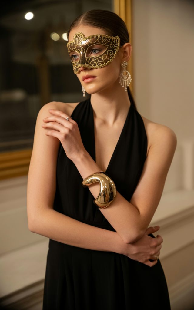 A natural-looking young beautiful woman wearing a simple black column gown elevated with a bold intricate filigree masquerade mask, statement earrings, a bold cuff bracelet, and elegant heels.